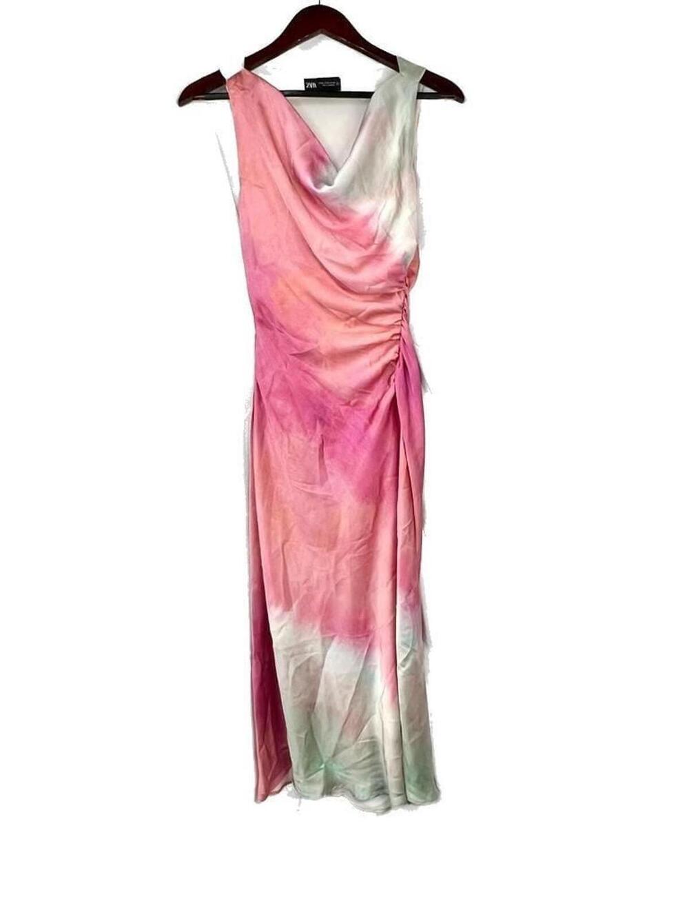 Zara Size XS Pink and Green Tie Dye Cowl Neck Ruched Satin Midi Dress